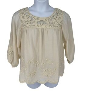 Hazel L Cream Cotton Silk Lace Embroidered Blouse Boho‎ Peasant Top Lined
